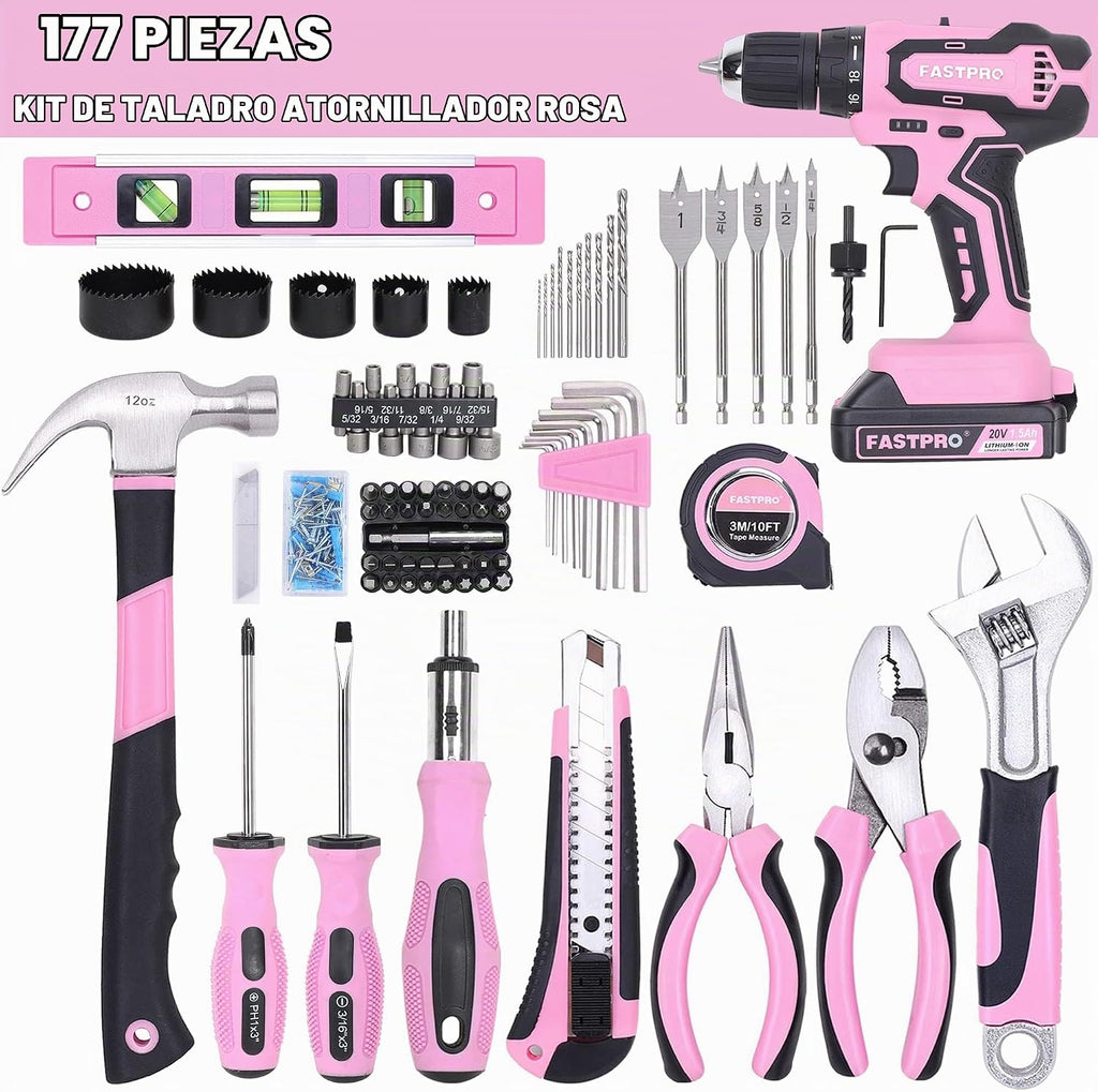 FASTPRO Juego de taladro rosa de 20 V para mujeres, kit de herramientas