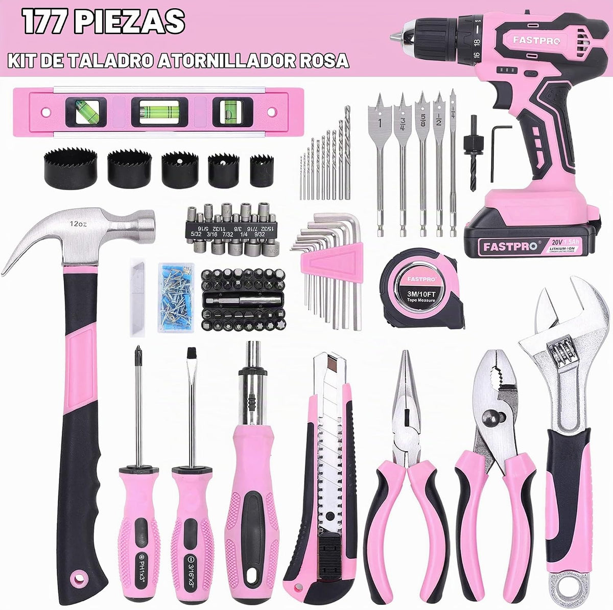 FASTPRO Juego de taladro rosa de 20 V para mujeres, kit de herramientas