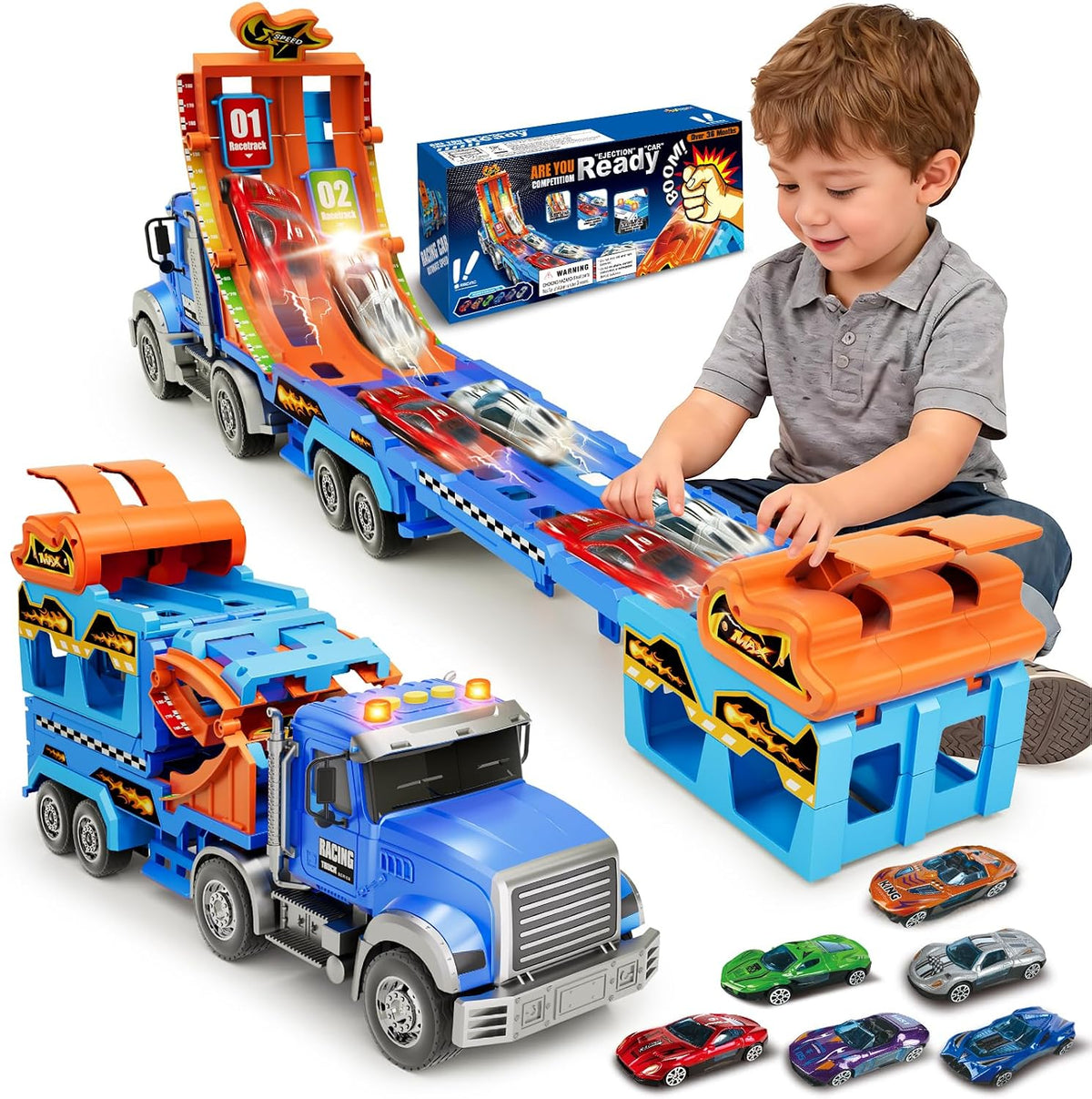 Camiones de juguete para niños de 3 a 5 6 a 8 años, camión transportador de automóviles de juguete con pista de carreras