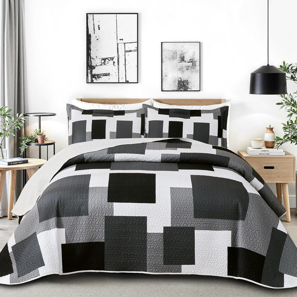 Juego de edredón de 3 piezas, color negro y gris, tamaño Full/Queen, juego de ropa de cama reversible geométrico negro y blanco, colcha ligera de microfibra con 2 fundas de almohada, fundas de