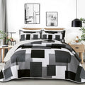 Juego de edredón de 3 piezas, color negro y gris, tamaño Full/Queen, juego de ropa de cama reversible geométrico negro y blanco, colcha ligera de microfibra con 2 fundas de almohada, fundas de