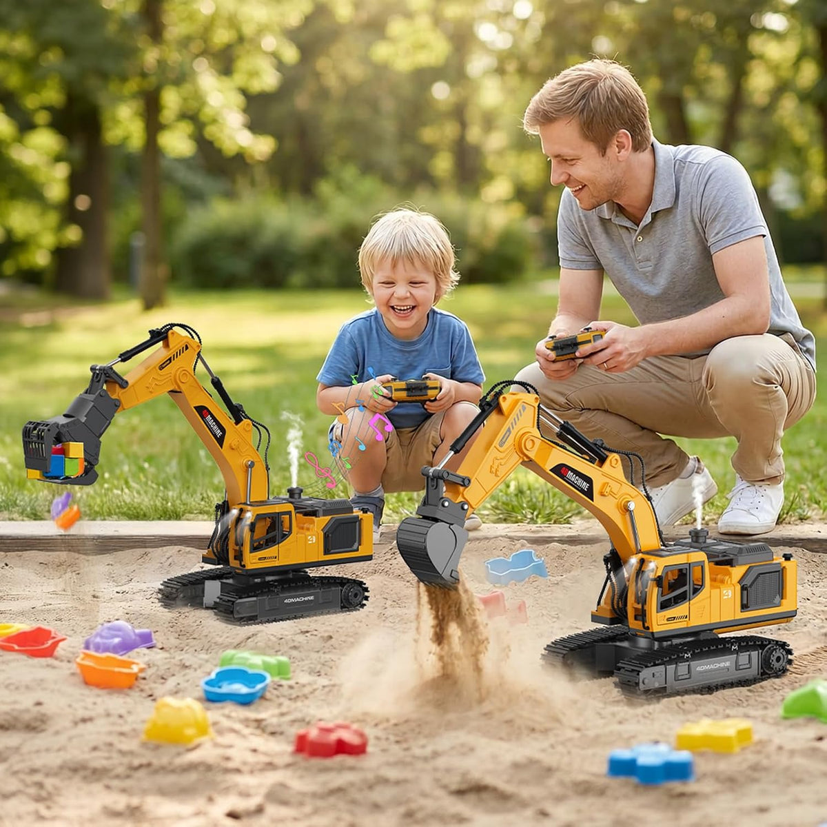 Excavadora de juguete a control remoto para niños, excavadora RC 3 en 1 con cubo de aleación, rompedor y garra, juguetes de vehículos de construcción con luces y sonidos, 2 baterías de 1200 mAh