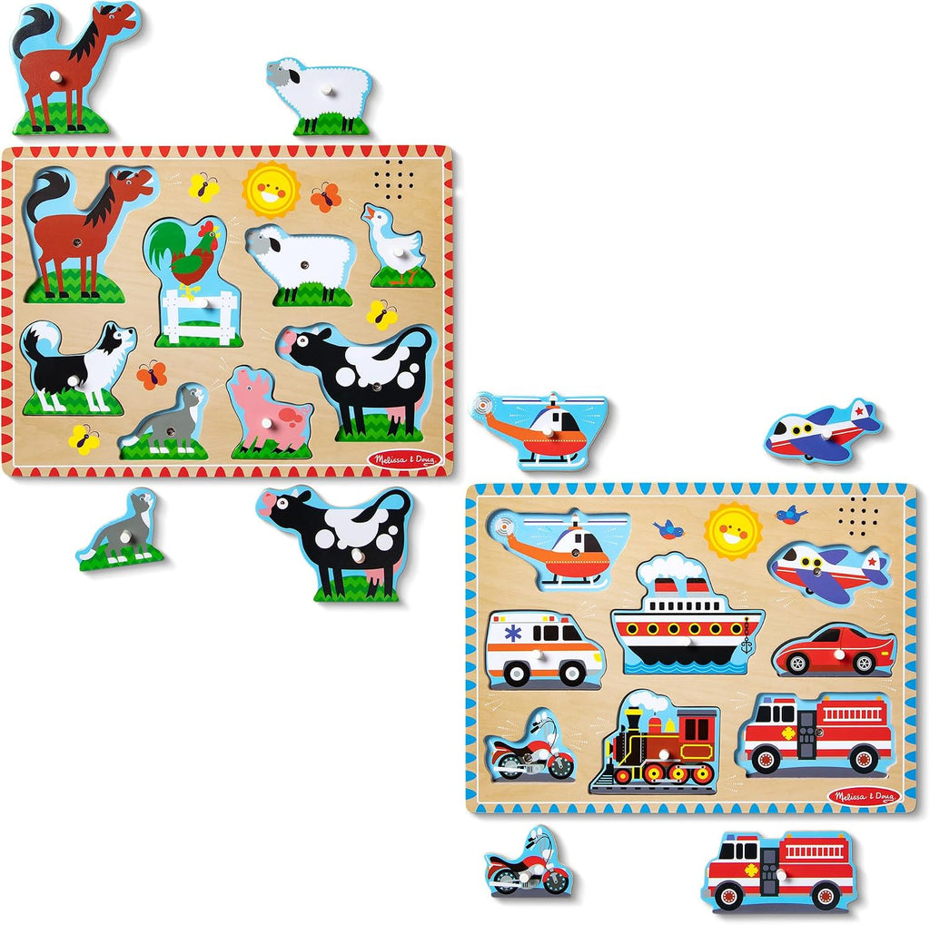 Melissa & Doug Rompecabezas de madera con sonido activado por luz, paquete de 2 unidades para niños y niñas preescolares - Animales de granja, vehículos