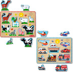 Melissa & Doug Rompecabezas de madera con sonido activado por luz, paquete de 2 unidades para niños y niñas preescolares - Animales de granja, vehículos