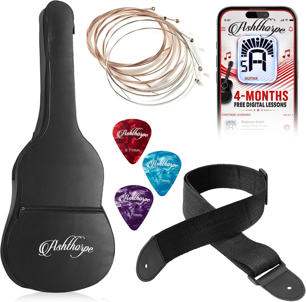 Ashthorpe Guitarra acústica para principiantes de 38 pulgadas (negra), kit de inicio con bolsa de concierto, cuerdas adicionales, correa, púas y lecciones