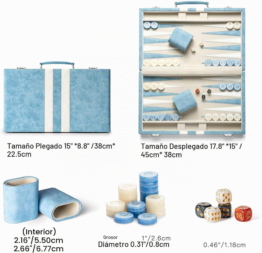 Juegos de backgammon de 15 pulgadas para adultos, tablero clásico de backgammon con dados de damas únicos, exterior de piel sintética e interior de terciopelo, juego de viaje portátil de