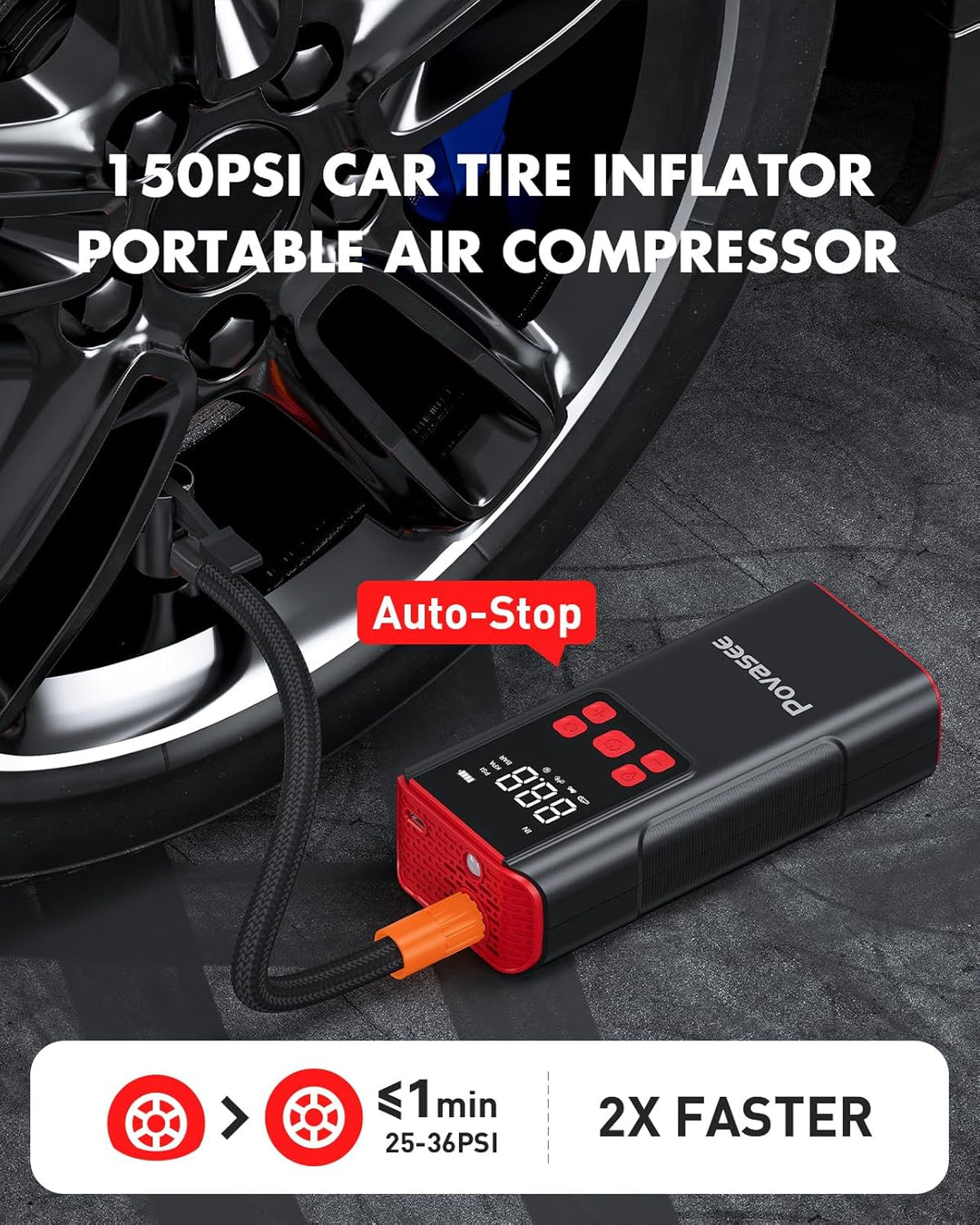 Inflador de Neumáticos Compresor de Aire Portátil Povasee 150PSI Bo...