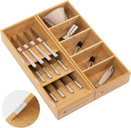 Organizadores Premium de Cajón para Cubiertos y Utensilios – Diseño Inclinado de 3 Compartimentos y 5 Compartimentos, Ranuras Etiquetadas, Pies Antideslizantes, 100% Bambú Sostenible