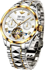 Relojes automáticos de esqueleto para hombre, reloj de pulsera de lujo mecánico de cuerda automática de cristal de zafiro, reloj de acero de tungsteno, 164.0 ft, impermeable, luminoso, sin batería, Dorado, carátula blanca de acero tungsteno, redondo