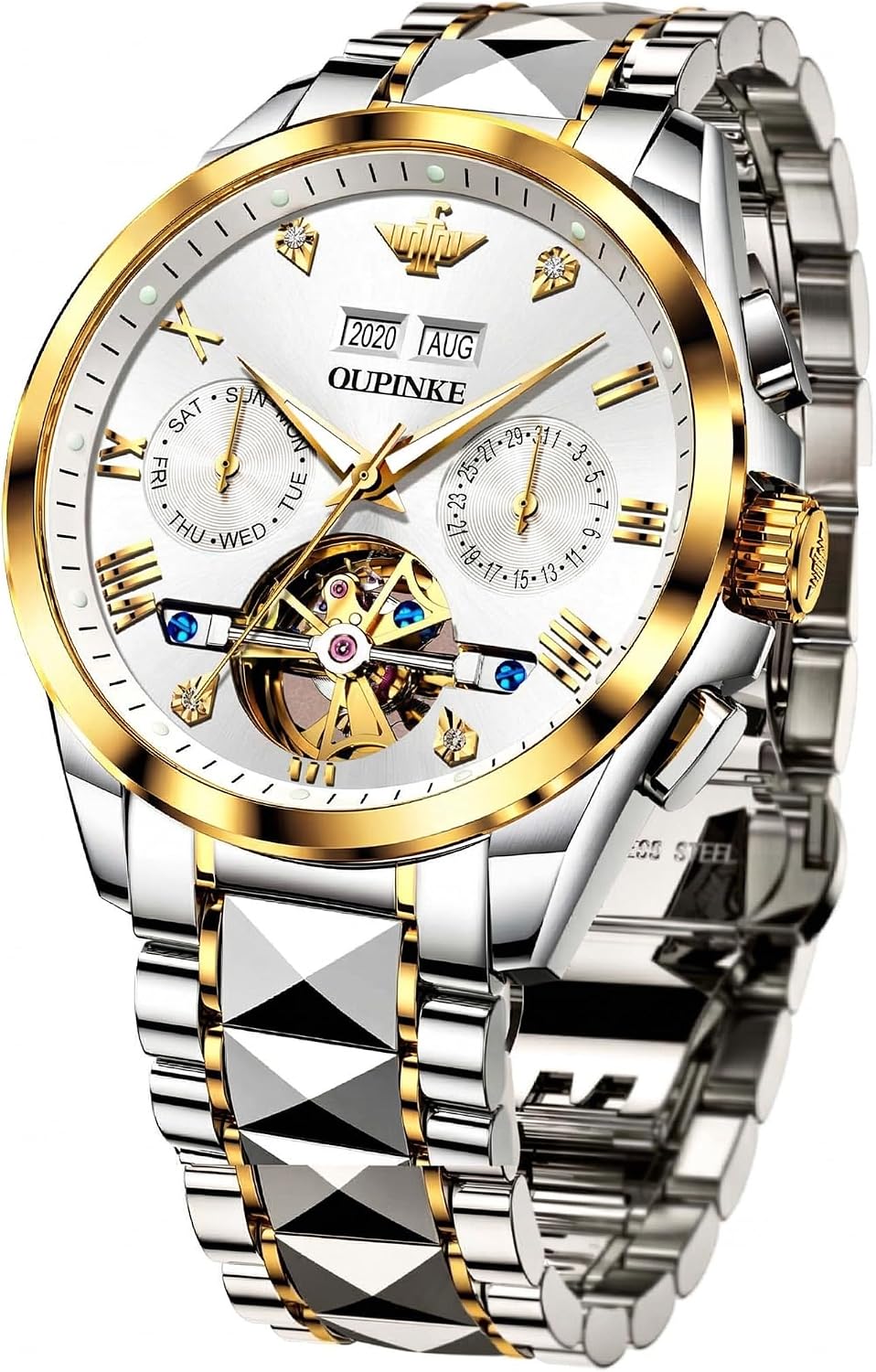 Relojes automáticos de esqueleto para hombre, reloj de pulsera de lujo mecánico de cuerda automática de cristal de zafiro, reloj de acero de tungsteno, 164.0 ft, impermeable, luminoso, sin batería, Dorado, carátula blanca de acero tungsteno, redondo