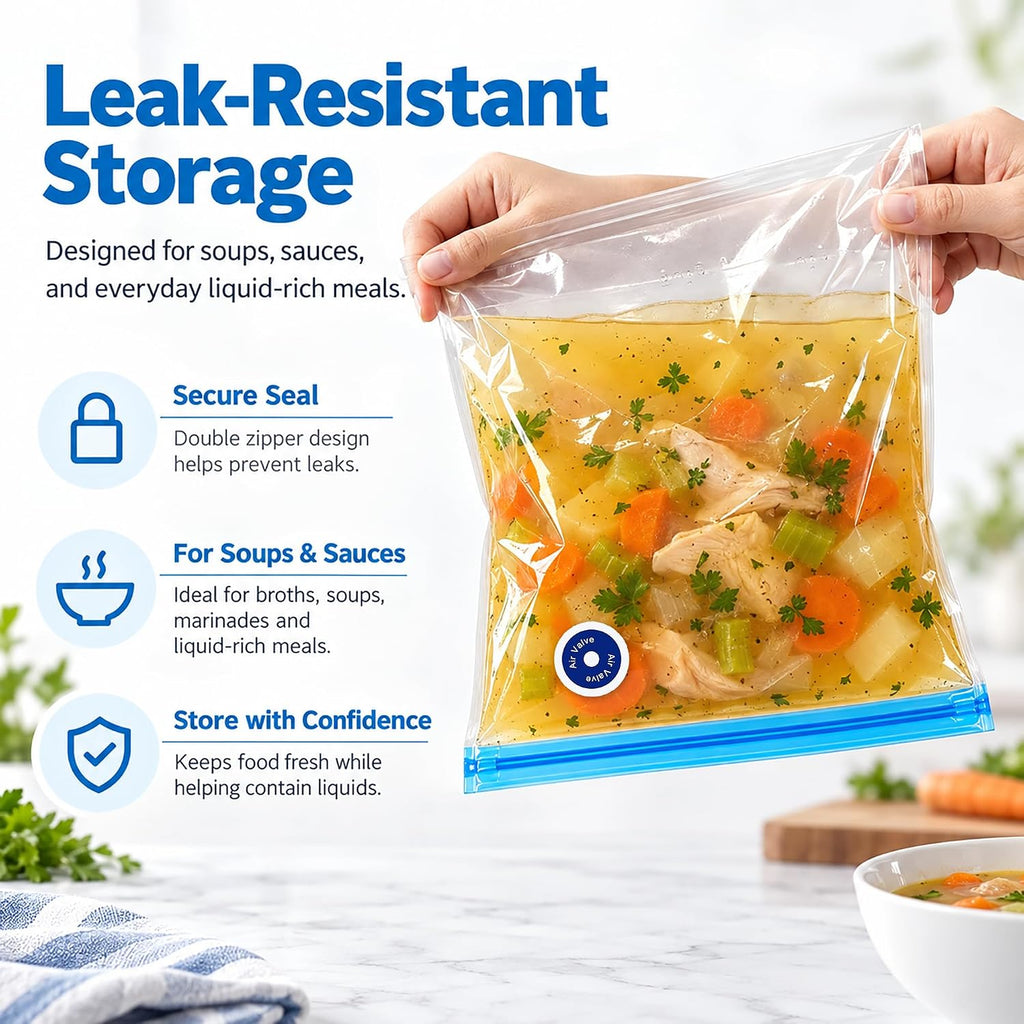 MEGAWISE Paquete de 30 bolsas reutilizables selladoras al vacío, bolsas de almacenamiento Sous Vide sin BPA, 3 tamaños con válvula de aire y doble cremallera, aptas para microondas y congelador, para