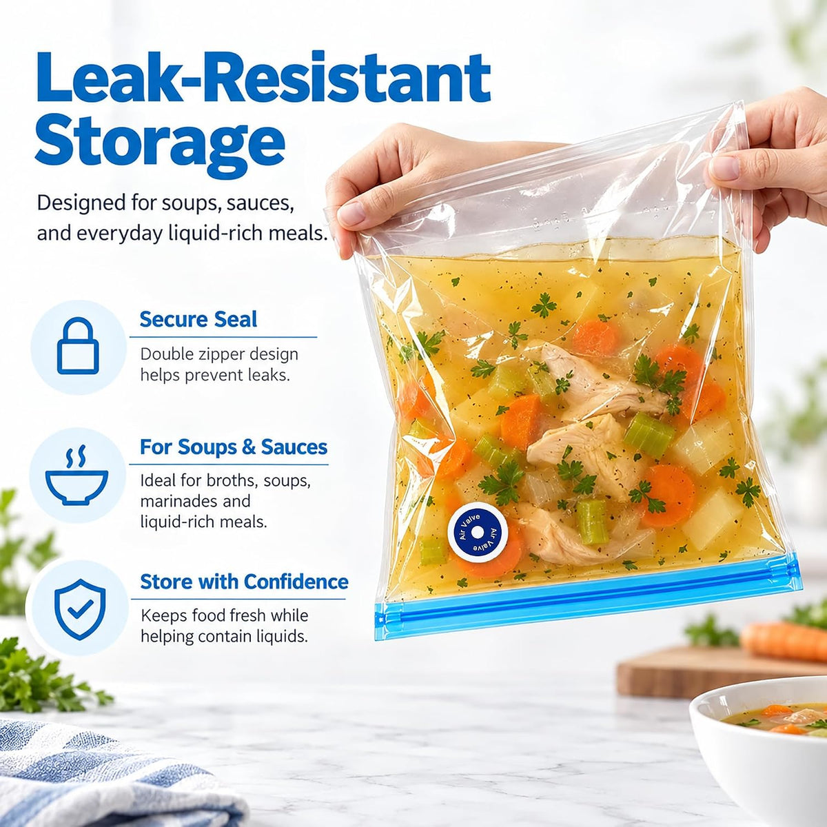 MEGAWISE Paquete de 30 bolsas reutilizables selladoras al vacío, bolsas de almacenamiento Sous Vide sin BPA, 3 tamaños con válvula de aire y doble cremallera, aptas para microondas y congelador, para