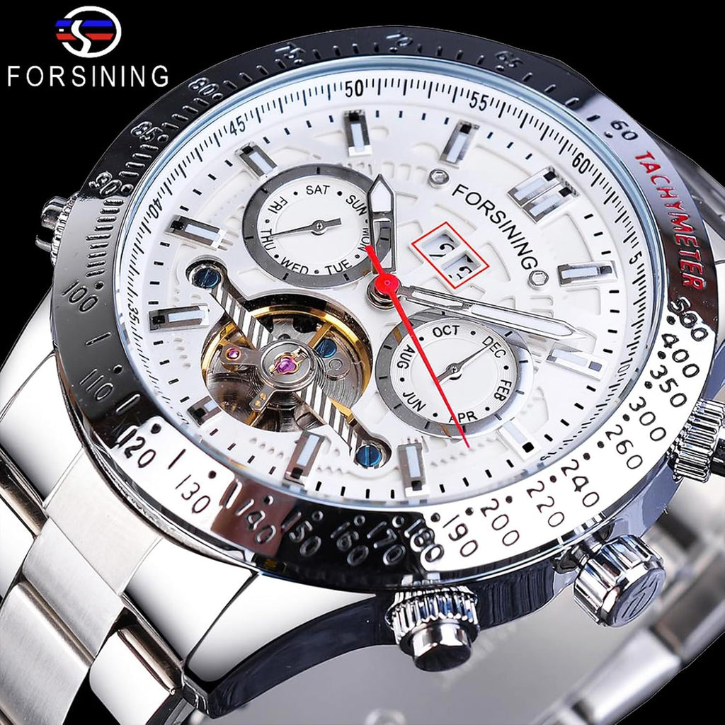 FORSINING Reloj Mecánico Tourbillon de Cuerda Automática para Hombre, Día Fecha Mes Calendario Completo, Taquímetro Luminoso Relojes Automáticos Multifuncionales, Reloj de Pulsera con Correa de Acero