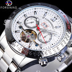 FORSINING Reloj Mecánico Tourbillon de Cuerda Automática para Hombre, Día Fecha Mes Calendario Completo, Taquímetro Luminoso Relojes Automáticos Multifuncionales, Reloj de Pulsera con Correa de Acero