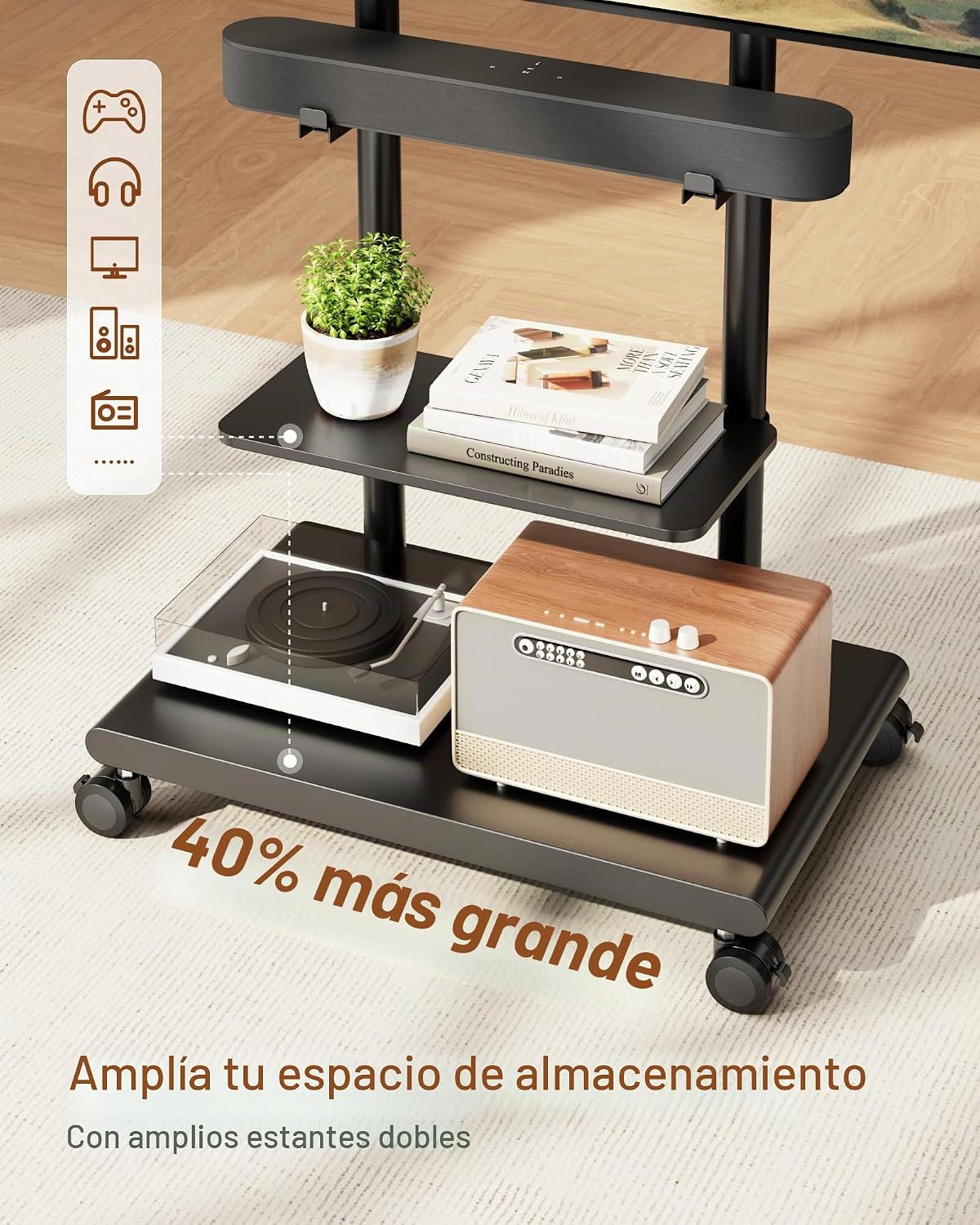 Soporte de TV rodante con soporte de barra de sonido para