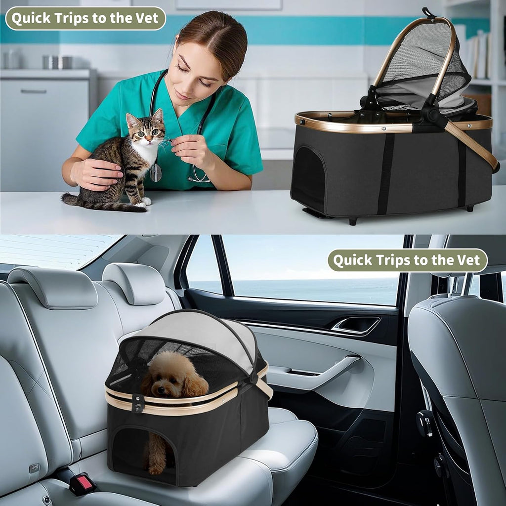 Doble carriola para mascotas para perros y gatos: Carriola plegable de viaje con portamascotas desmontables, cinturones de seguridad y 4 ruedas con candado para mascotas pequeñas a medianas – Ideal
