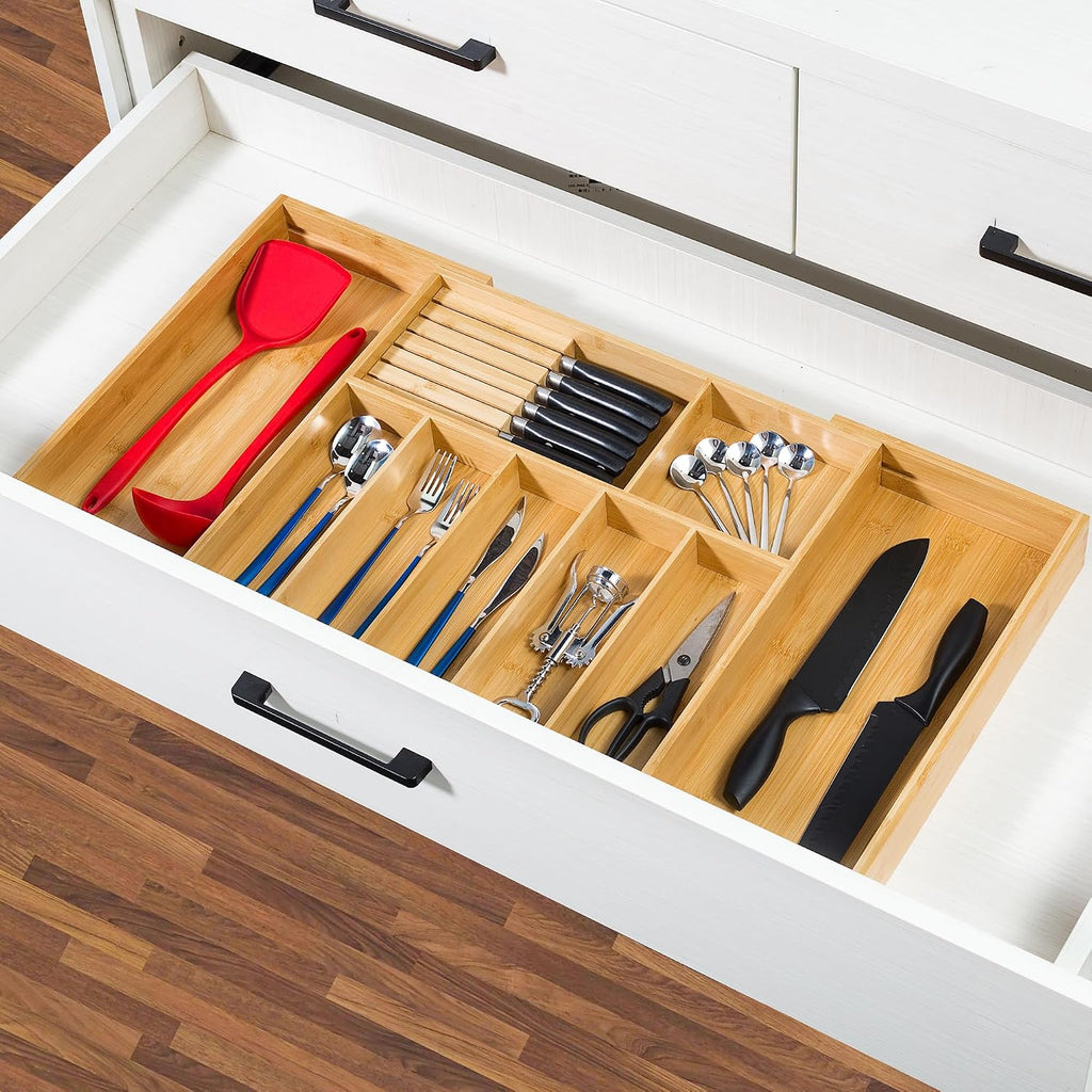 VaeFae Soporte para utensilios de cocina extra grande, organizador de cajones de cubiertos de bambú, organizador de cubiertos expandible con bloque de cuchillos, divisor de cajones multifuncional