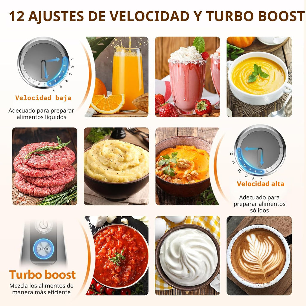 KOIOS - Batidora de inmersión de 1000W, 3 en 1, batidora de mano antiarañazos, batidora de palo de acero inoxidable mejorada de 12 velocidades con modo turbo, batidora y espumador de leche, sin BPA