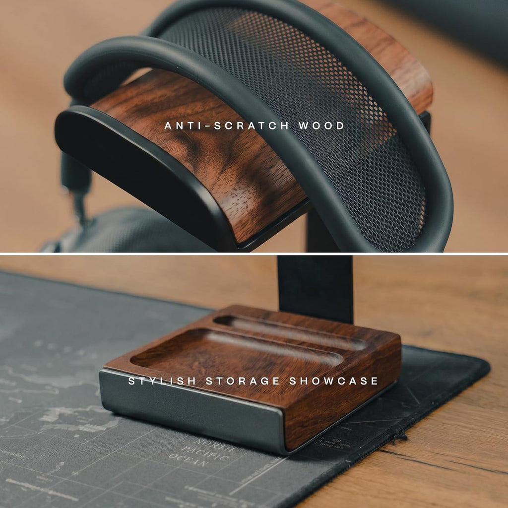 COREMINDED Soporte Universal para Auriculares en Escritorio, Madera de Nogal
