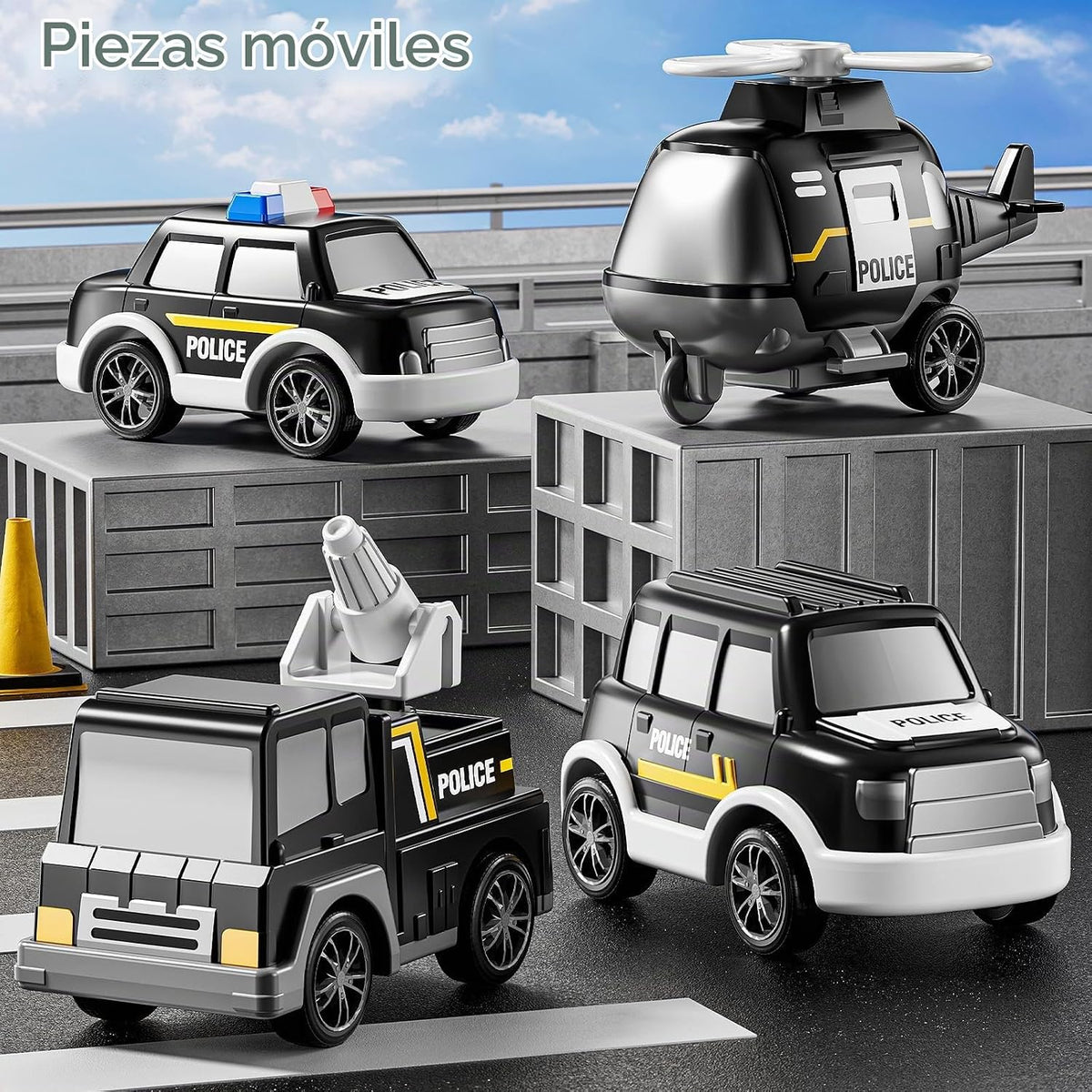 Camión de Policía de Juguete para Niños de 3 4 5 6 Años - Juego de Vehículo Portador con 3 Autos Pequeños y 1 Helicóptero, Auto de Fricción para Niños de 3-9 Años, Regalos para Niños y Niñas