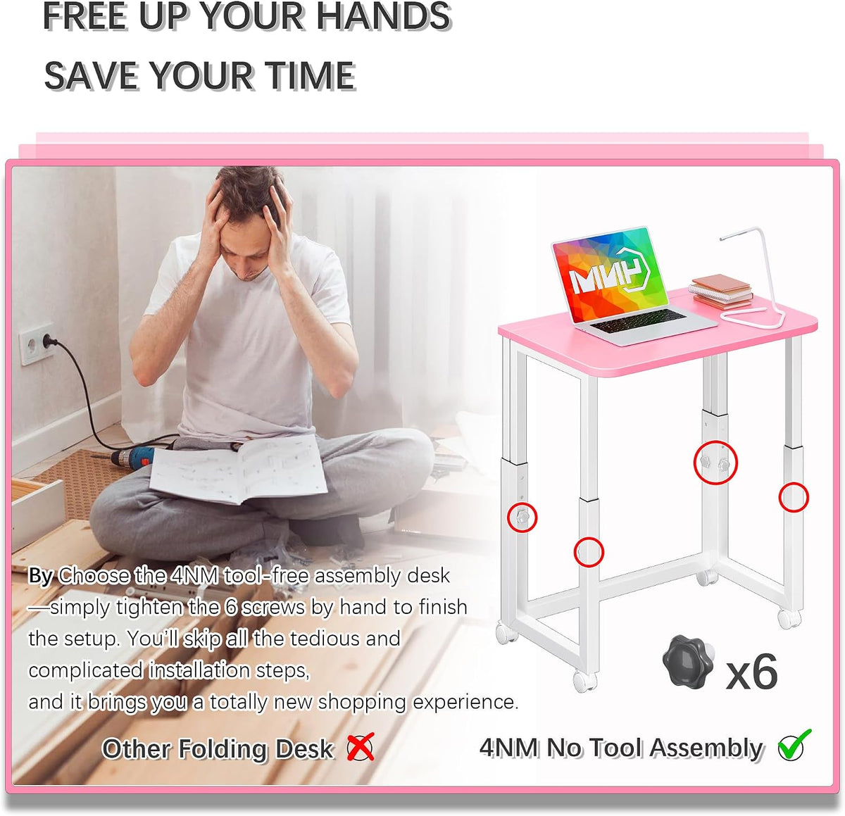 Escritorio pequeño sin herramientas de 23.6 pulgadas, escritorio portátil plegable con ruedas, altura ajustable, escritorios plegables para computadora en casa, mesa de escritura plegable para