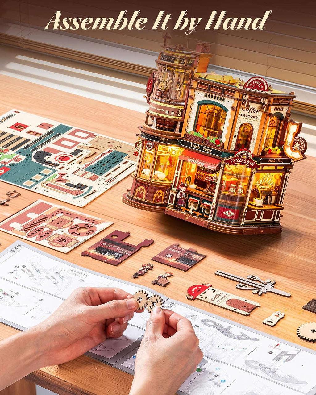 ROKR Dream Coffee Factory, modelo de caja de música de madera, rompecabezas mecánicos 3D de madera para adultos, kit de construcción con luces LED móviles, kit de casa en miniatura, regalo de
