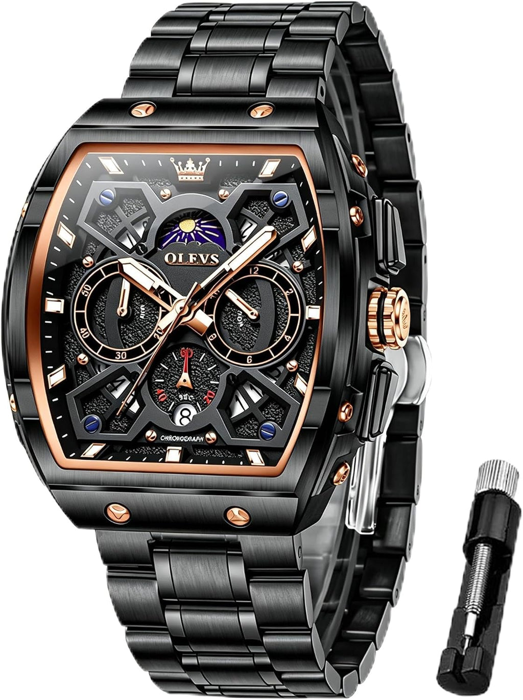 OLEVS Reloj para Hombres Analógico Cuarzo Lujo Diamante Resistente al Agua Cronógrafo Acero Inoxidable Carita Grande Cuadrado Fecha Fase Lunar Romano Relojes de Vestir para Hombres