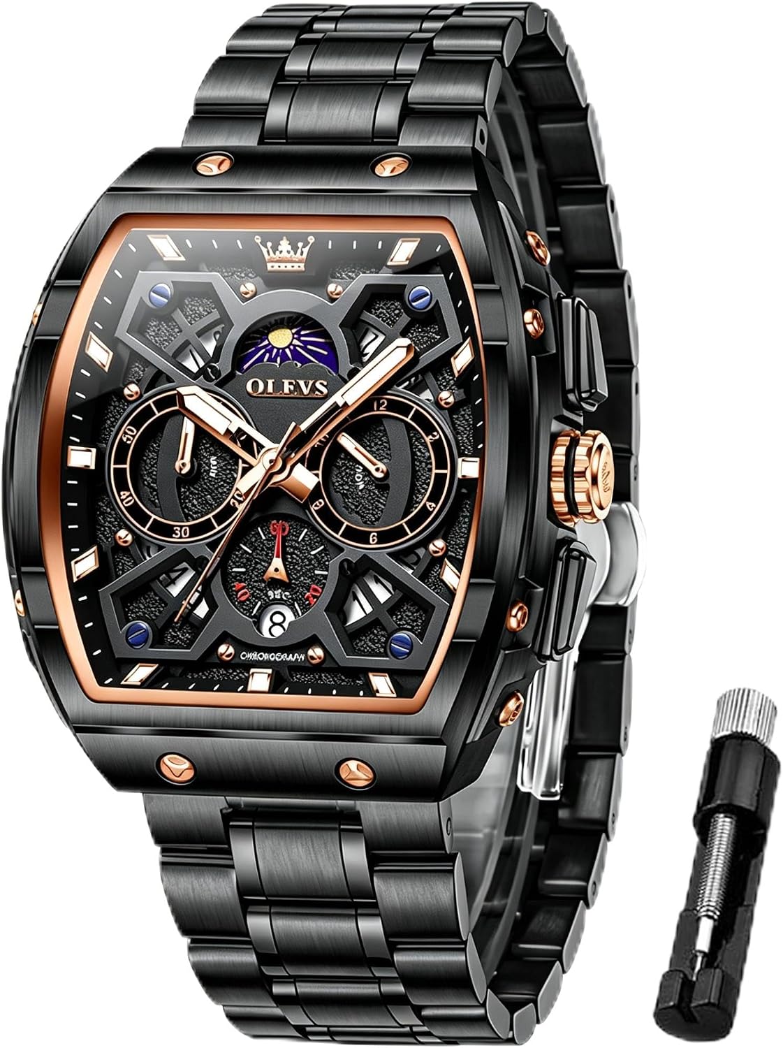 OLEVS Reloj para Hombres Analógico Cuarzo Lujo Diamante Resistente al Agua Cronógrafo Acero Inoxidable Carita Grande Cuadrado Fecha Fase Lunar Romano Relojes de Vestir para Hombres