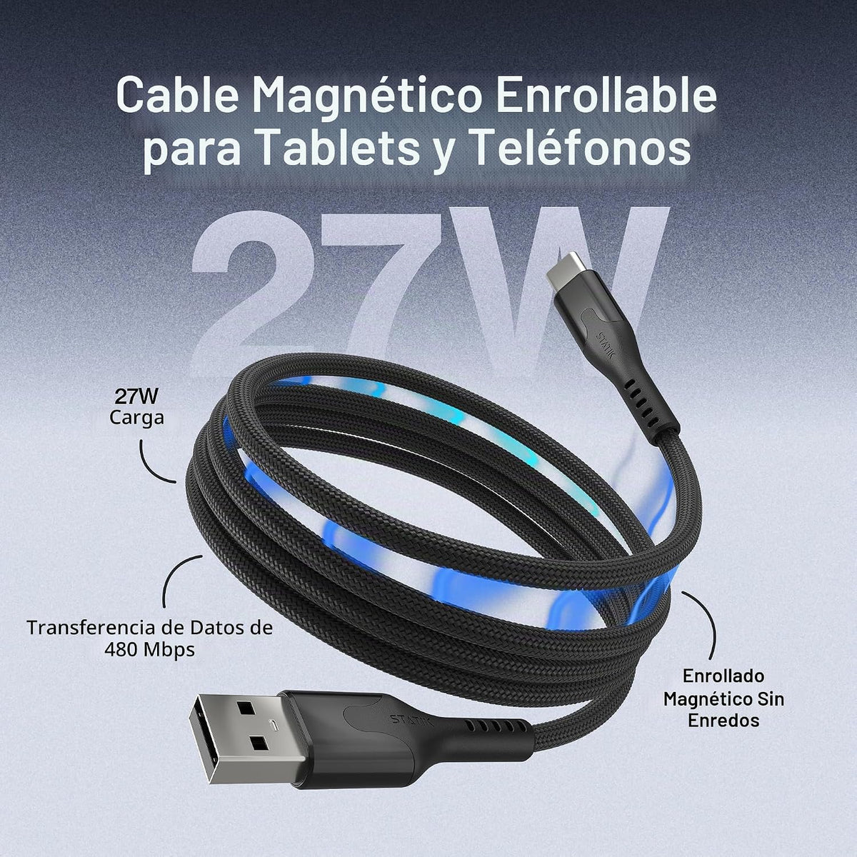 Statik MagStack - Cable de carga magnética USB A a USB C, 27 W, diseño trenzado de nailon, sin enredos, bobina magnética, transferencia de datos, compatible con iPhone y Android, 3 pies, negro