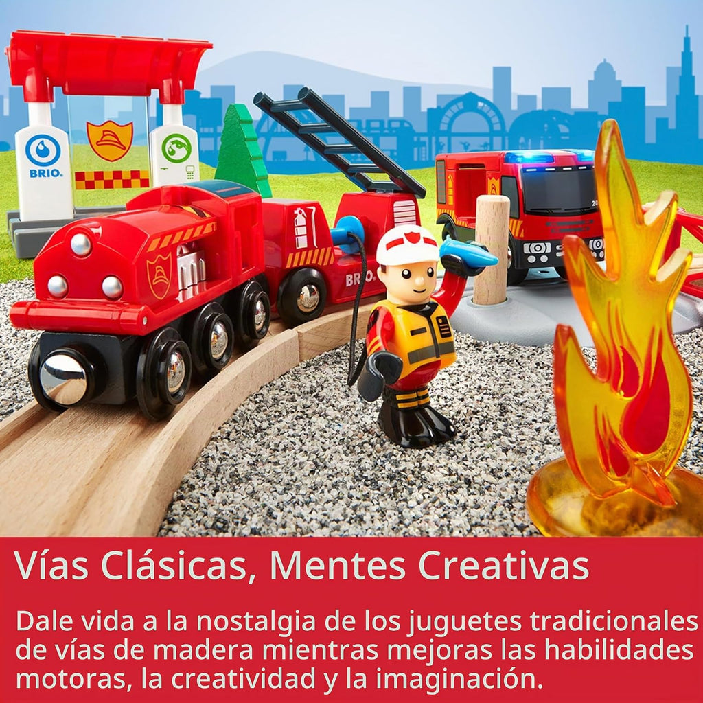 BRIO World Rescue - Juego de bomberos de 18 piezas con certificación FSC y accesorios, motor de tren de bomberos con luces y sonido, pistas de madera y más, funciona con todos los juegos de trenes de madera, a partir de 3 años