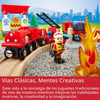 BRIO World Rescue - Juego de bomberos de 18 piezas con certificación FSC y accesorios, motor de tren de bomberos con luces y sonido, pistas de madera y más, funciona con todos los juegos de trenes de madera, a partir de 3 años