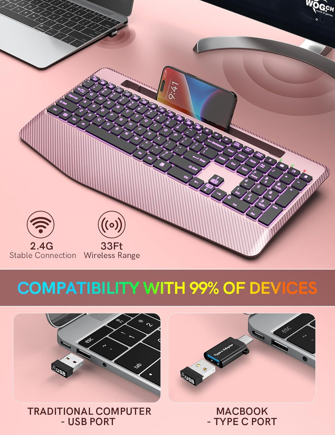 Teclado inalámbrico con retroiluminación de 7 colores, reposamuñeca...