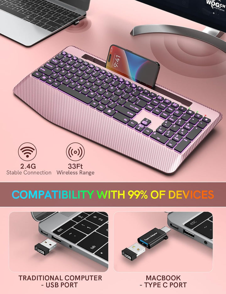 Teclado inalámbrico con retroiluminación de 7 colores, reposamuñeca...
