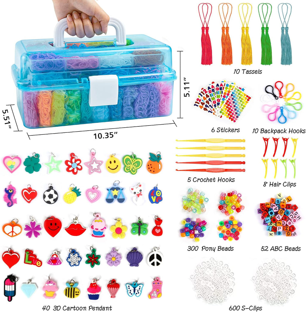 INSCRAFT Más de 17500 bandas de goma con contenedor azul de 3 capas, 28 colores, 600 clips en S, 352 cuentas, 40 colgantes de dibujos animados, kit de repuesto para hacer pulseras para niños