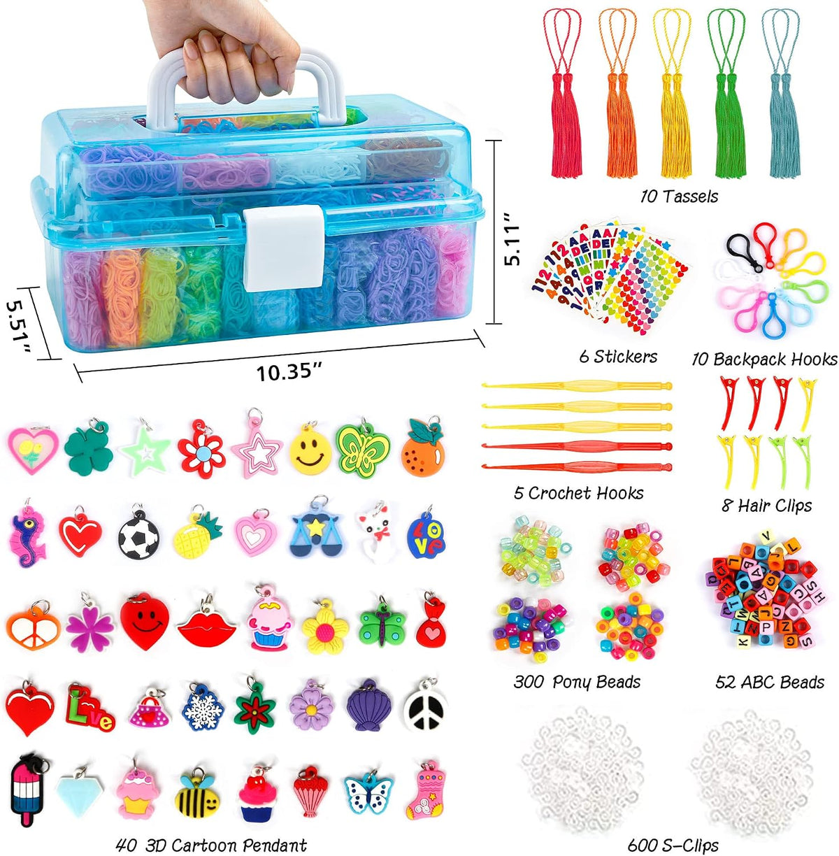 INSCRAFT Más de 17500 bandas de goma con contenedor azul de 3 capas, 28 colores, 600 clips en S, 352 cuentas, 40 colgantes de dibujos animados, kit de repuesto para hacer pulseras para niños