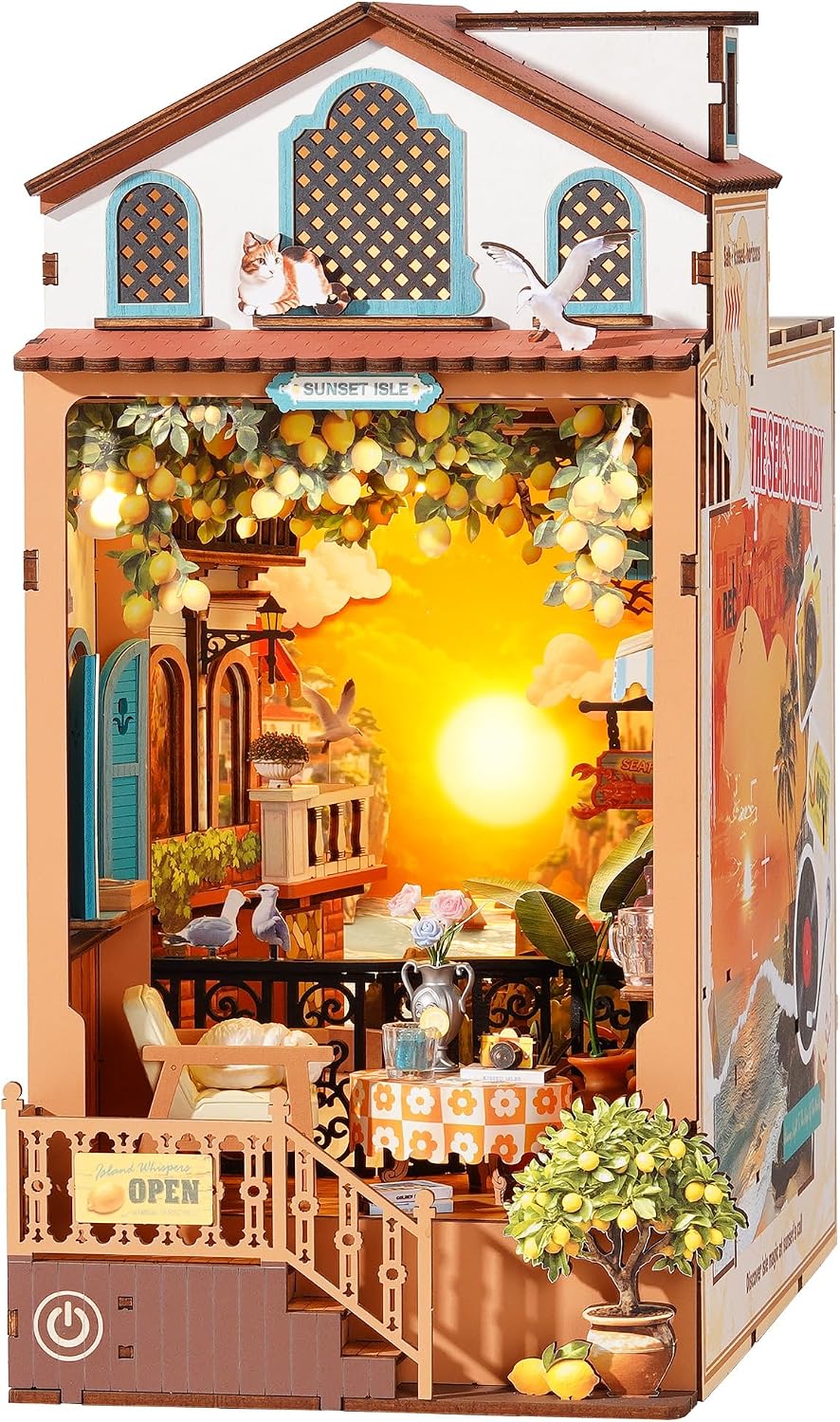 Rolife Kit de rincón de libros para bricolaje, Isla del atardecer, rompecabezas 3D con temática costera de puesta de sol, kit de casa en miniatura, árbol de limón y decoración de vista al mar para