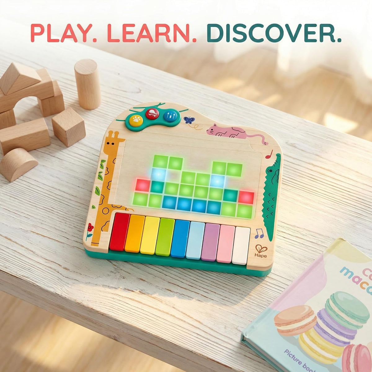Hape Piano Dynamic Pixel - Piano interactivo 3 en 1 de madera para niños pequeños de 1 a 6 años, juguete sensorial musical con pantalla LED de píxeles, melodías guiadas y sonidos de animales, regalo educativo de aprendizaje temprano