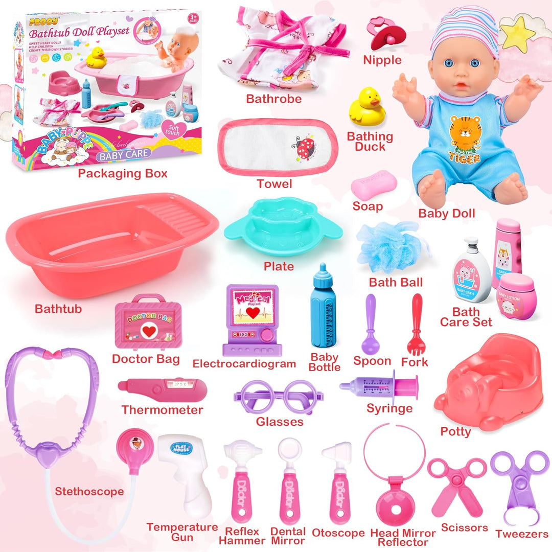 PROOU Juguetes de Cuidado de Muñecas Bebé, Set de Baño de Muñecas B...