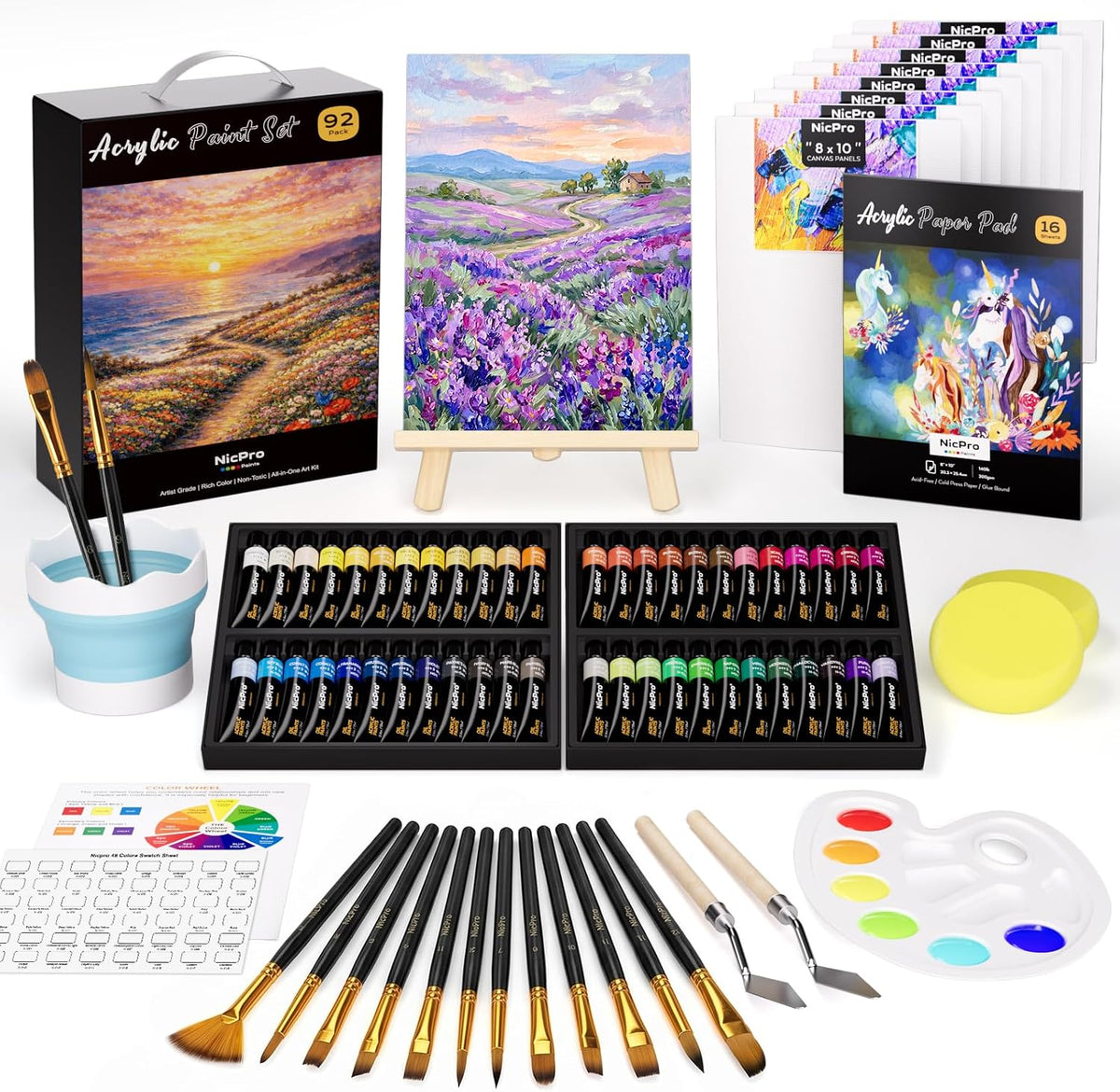 Nicpro Juego de lienzos de pintura acrílica de 92 piezas para adultos con