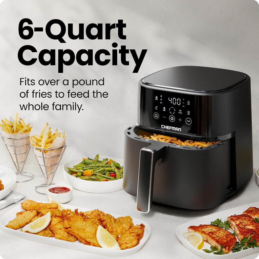 Chefman - Freidora de aire de 6 QT compacta para comidas rápidas y fáciles en minutos, cuenta con tecnología Hi-Fry para una textura extra crujiente, controles táctiles con 4 ajustes preestablecidos