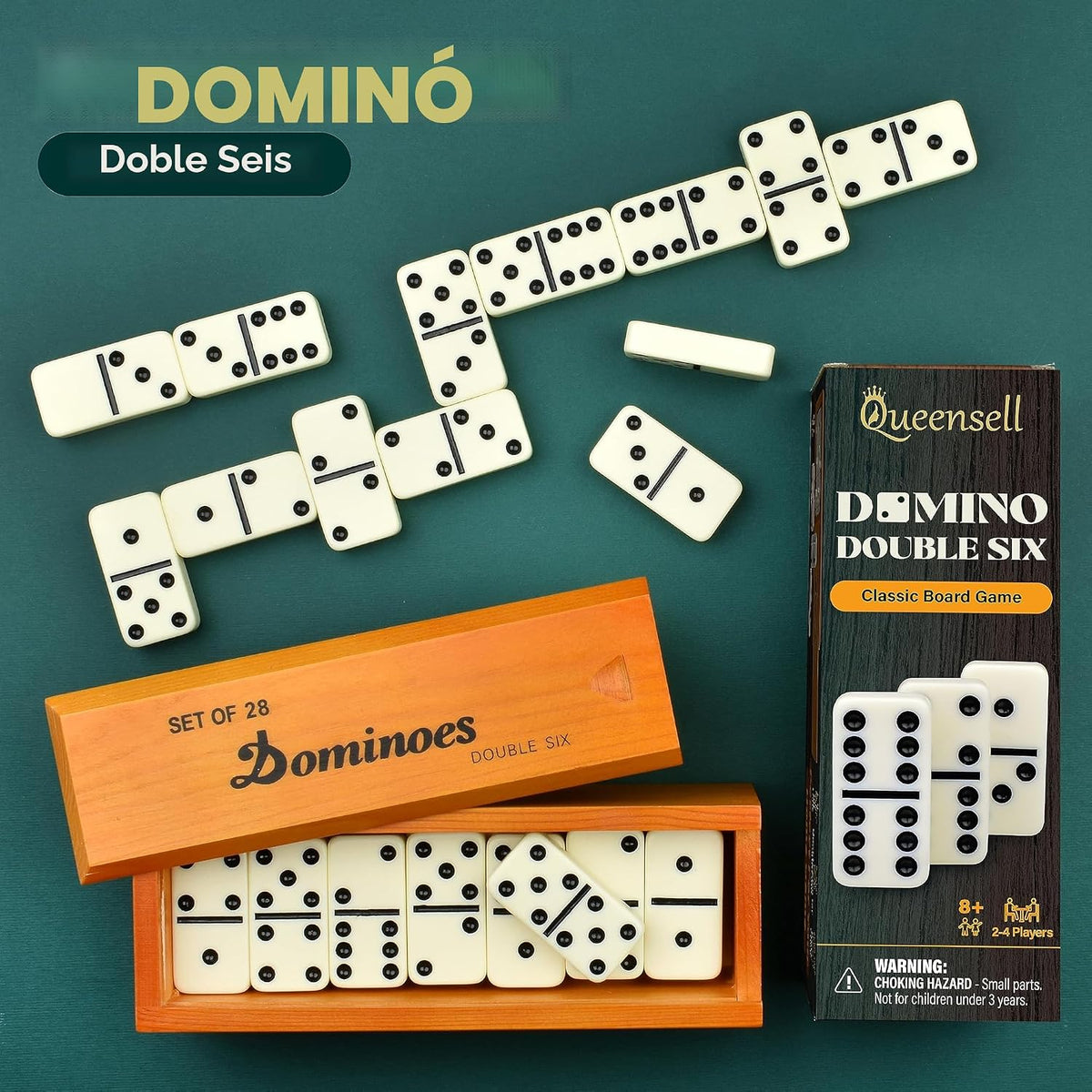 Conjunto de Dominós Jumbo de Queensell para Adultos y Niños – Juego de Dominós para Juegos de Mesa Clásicos – Dominós Jumbo Doble 6 para Juegos de Viaje – Juego de Dominós para Adultos 28 Piezas