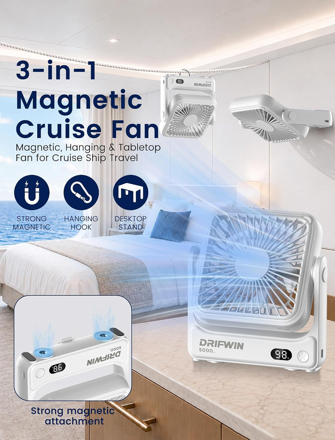 DRIFWIN Ventilador magnético aprobado por crucero, ventilador de vi...