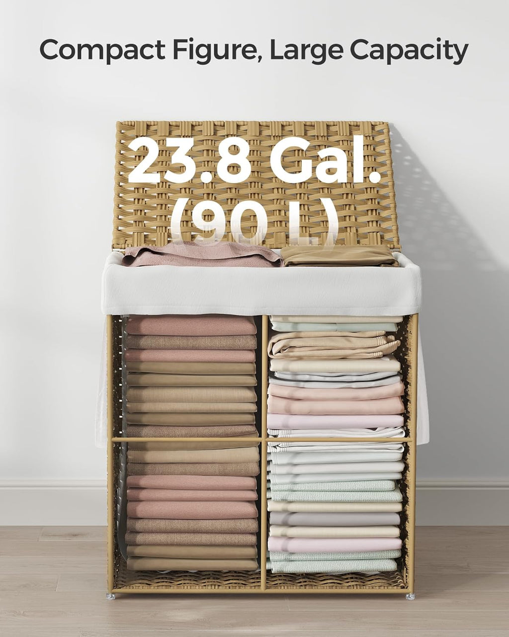 SONGMICS Canasta de lavandería con tapa, cesto de ropa de 23.8 galones (90 L) de ratán sintético con tapa y asas, plegable, forro extraíble, amarillo ganso ULCB51NL
