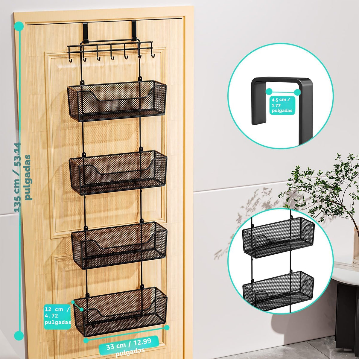 HapiRm Organizador Sobre la Puerta - Organizador de Puerta Colgante con 4 Canastas Metálicas de Gran Capacidad y Gancho Ajustable para Ropa para Baño Dormitorio Cocina Despensa Armario de Cocina
