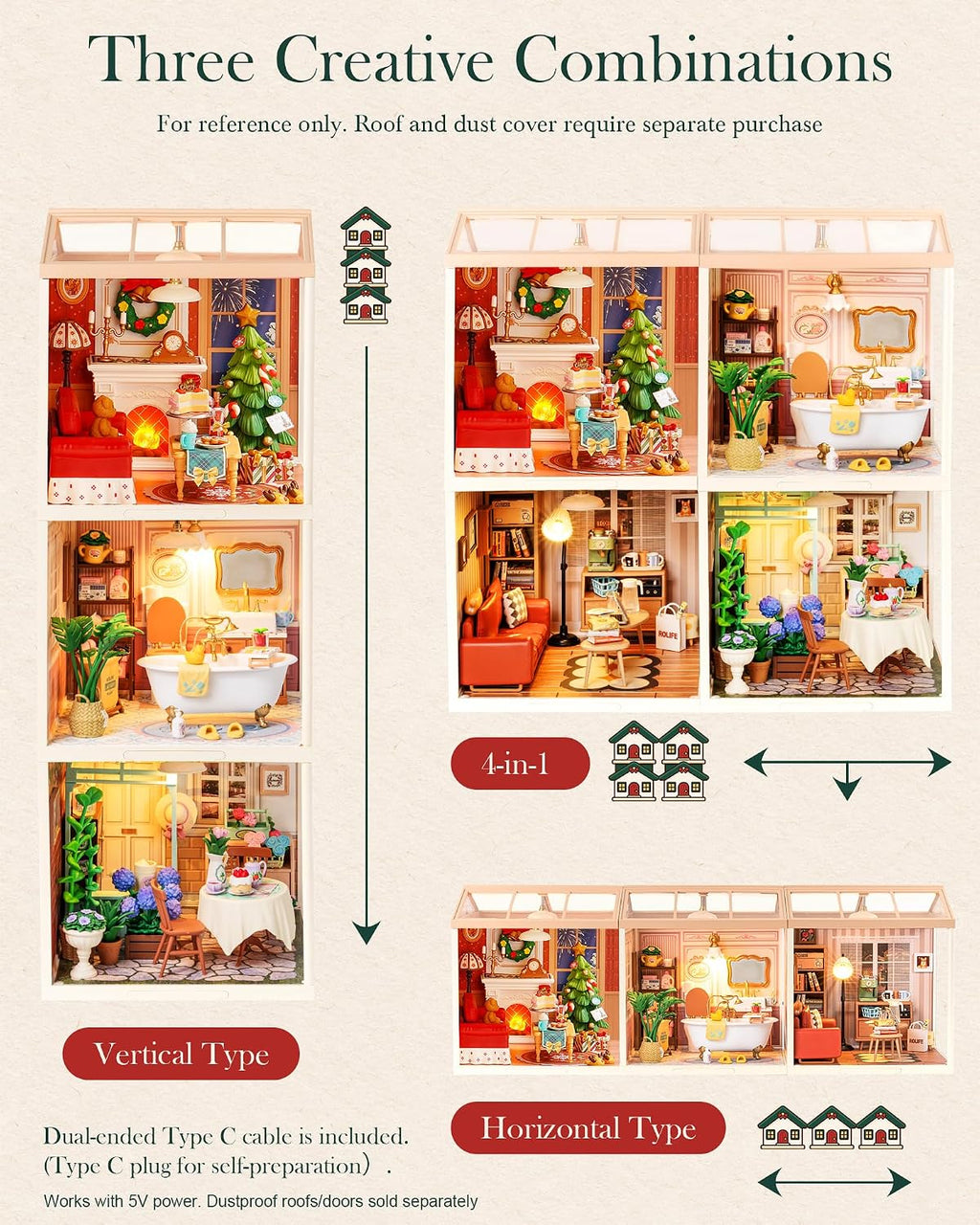 Rolife Super Creador de Navidad, casa en miniatura de plástico, juego de construcción con chimenea y árbol de Navidad, manualidades, pasatiempos, bloques de construcción