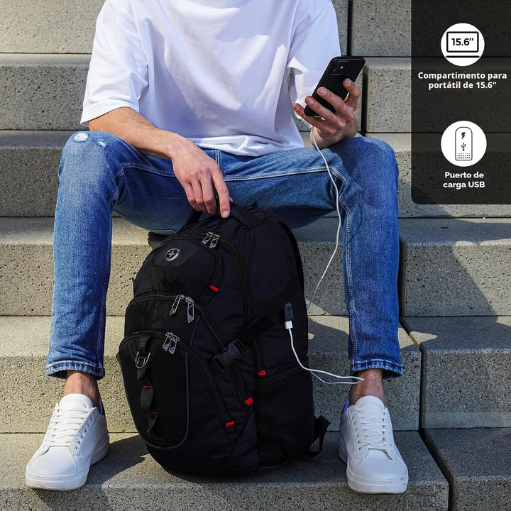 Swissdigital Mochila de diseño para laptop con puerto de carga USB,...