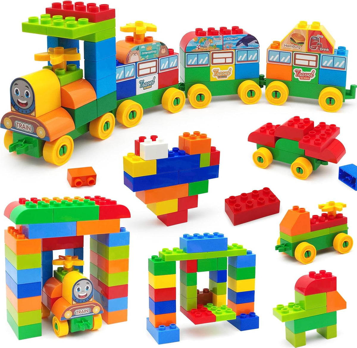 CONVENTEJOY Juego de bloques de construcción clásicos de 150 piezas para niños pequeños de 3 a 6 años, juguete educativo de tren de ladrillos de construcción grandes, juguetes STEM compatibles con las
