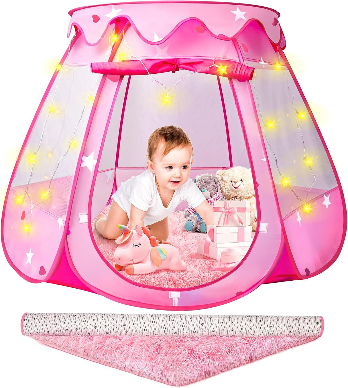 Princess Castle - Tienda de campaña para niñas con alfombra, tienda de campaña desplegable para niños