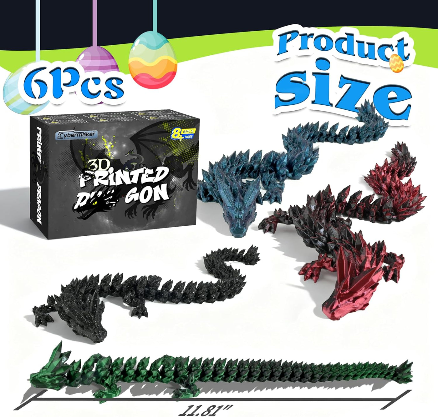 Cybermaker 6 juguetes de dragón negros impresos en 3D