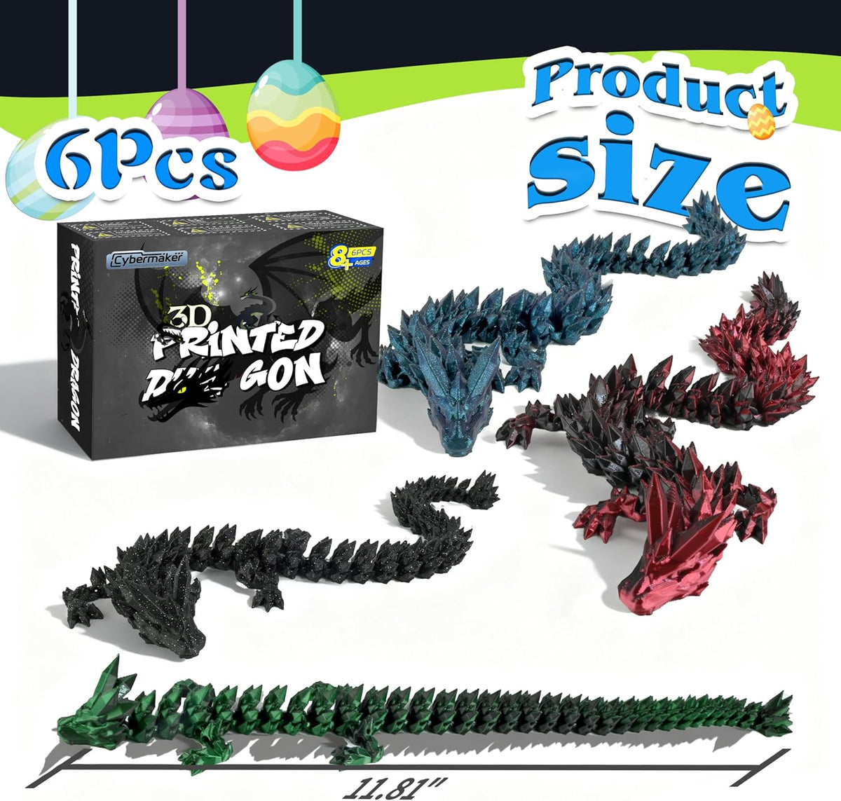 Cybermaker 6 juguetes de dragón negros impresos en 3D